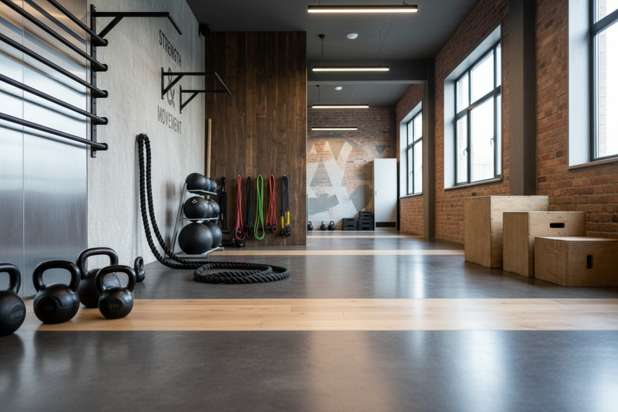 Ein Bild aus einem Fitnessstudio aber eher funktionales trainingsequipment im Hintergrund